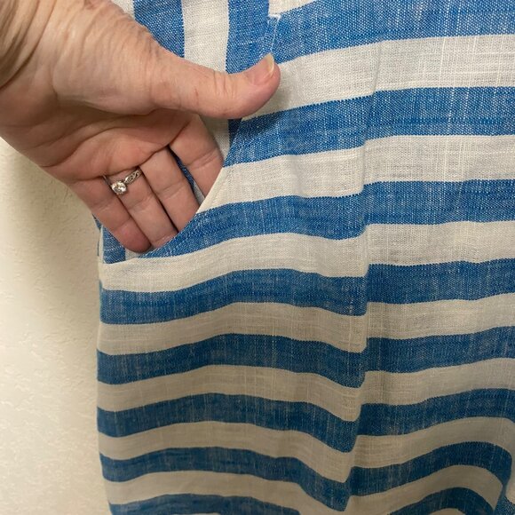 Soft Surroundings Linen Blend Cold-Shoulder Top PXL Blue White Striped Short Sl - Picture 9 of 12
